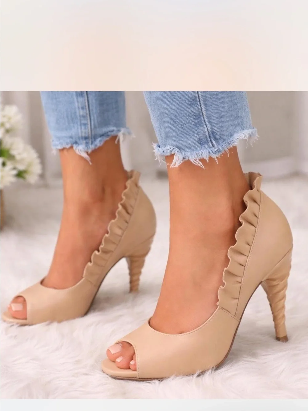 Jeffrey Campbell Peach Ruffle Peep-Toe Heels